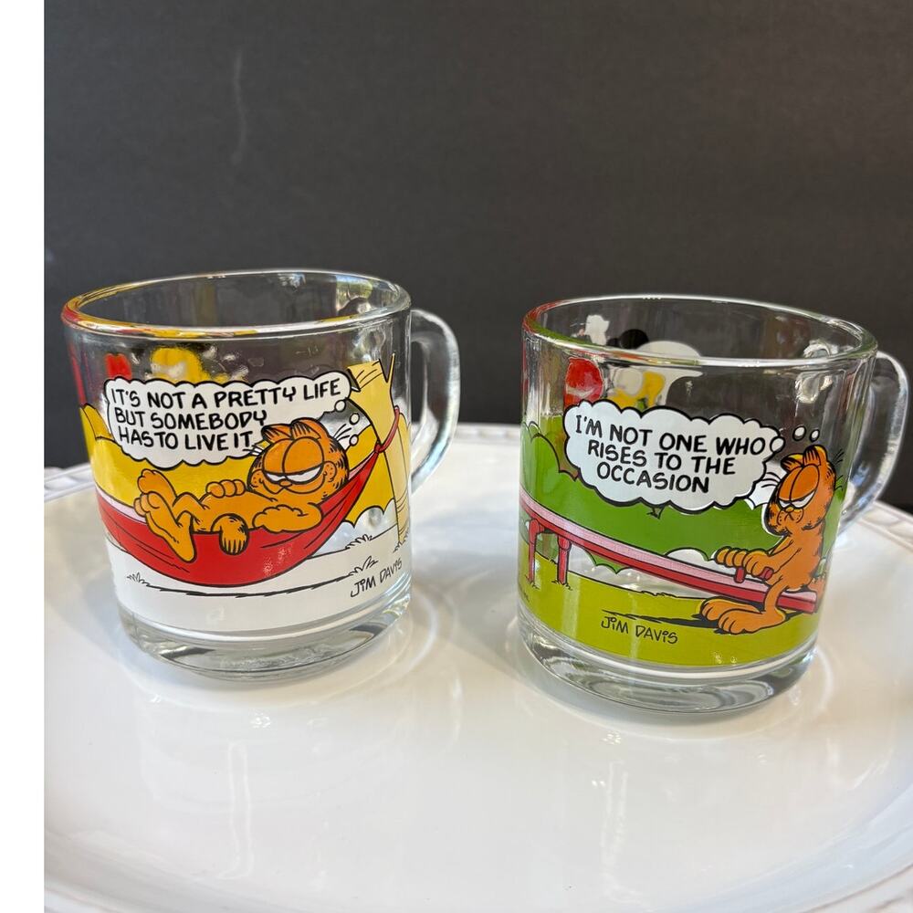 1978 Vintage Garfield Glass Mugs Set of 2 | Retro Comic Coffee Cups